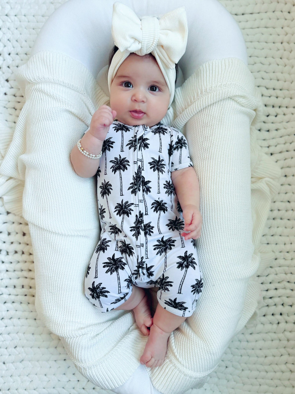 Bamboo Shorty Romper  | Palm Style White
