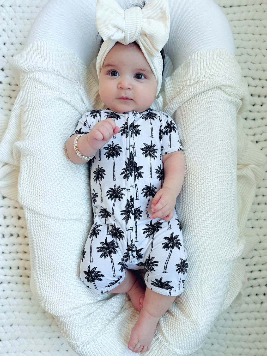 Bamboo Shorty Romper  | Palm Style White