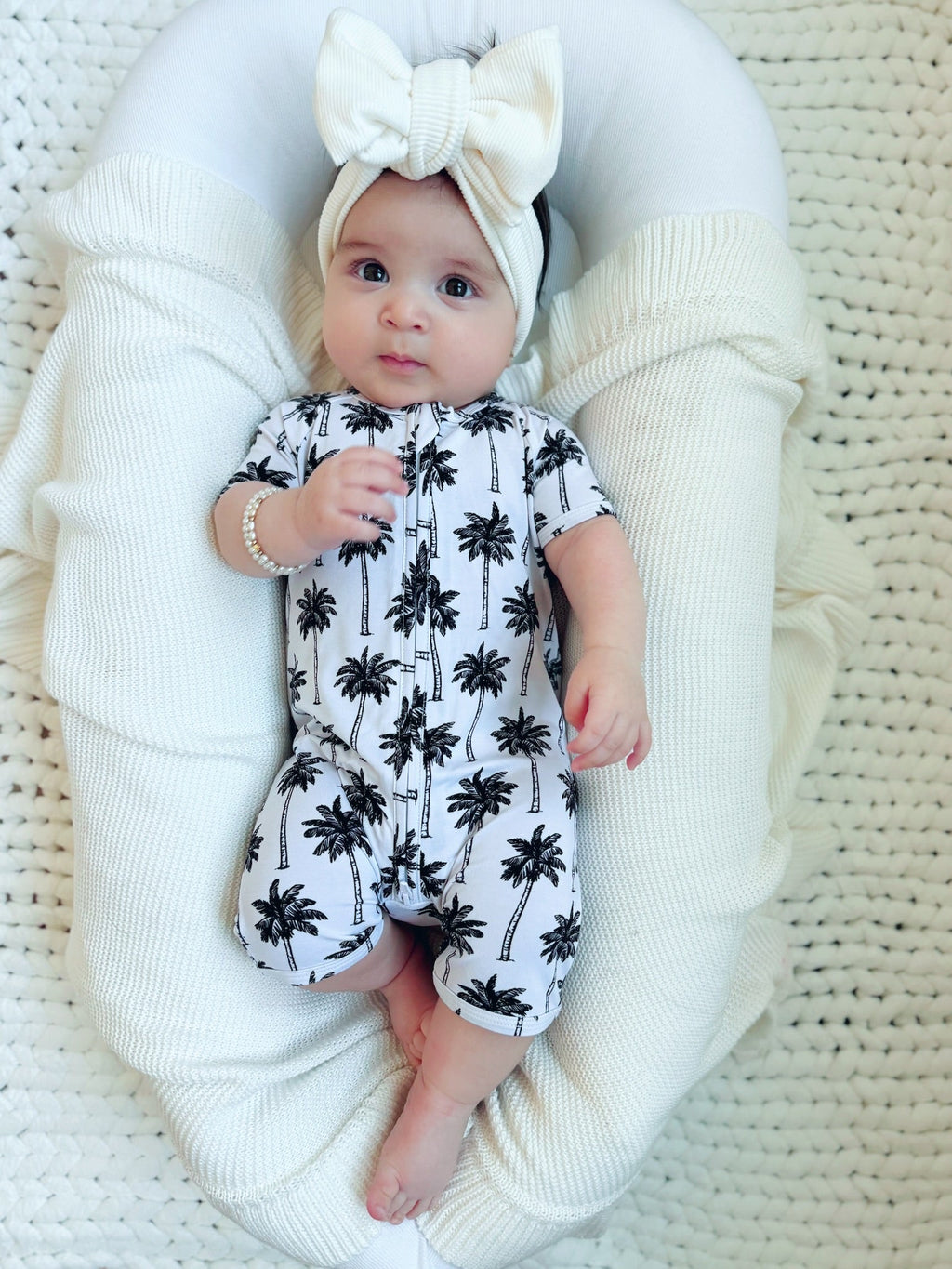 Bamboo Shorty Romper  | Palm Style White