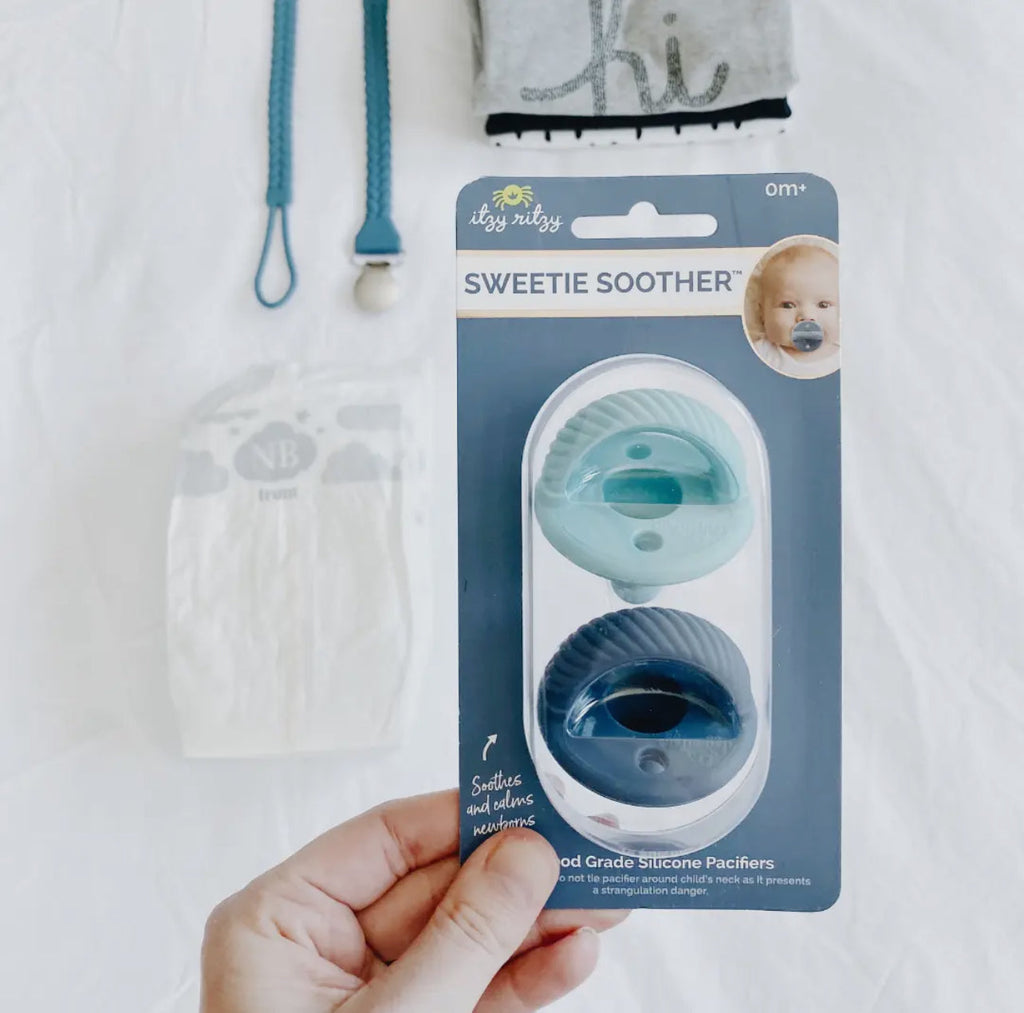 Sweetie Soother Pacifier Sets- Robin's Egg Blue & Navy Cables (0-6 months)