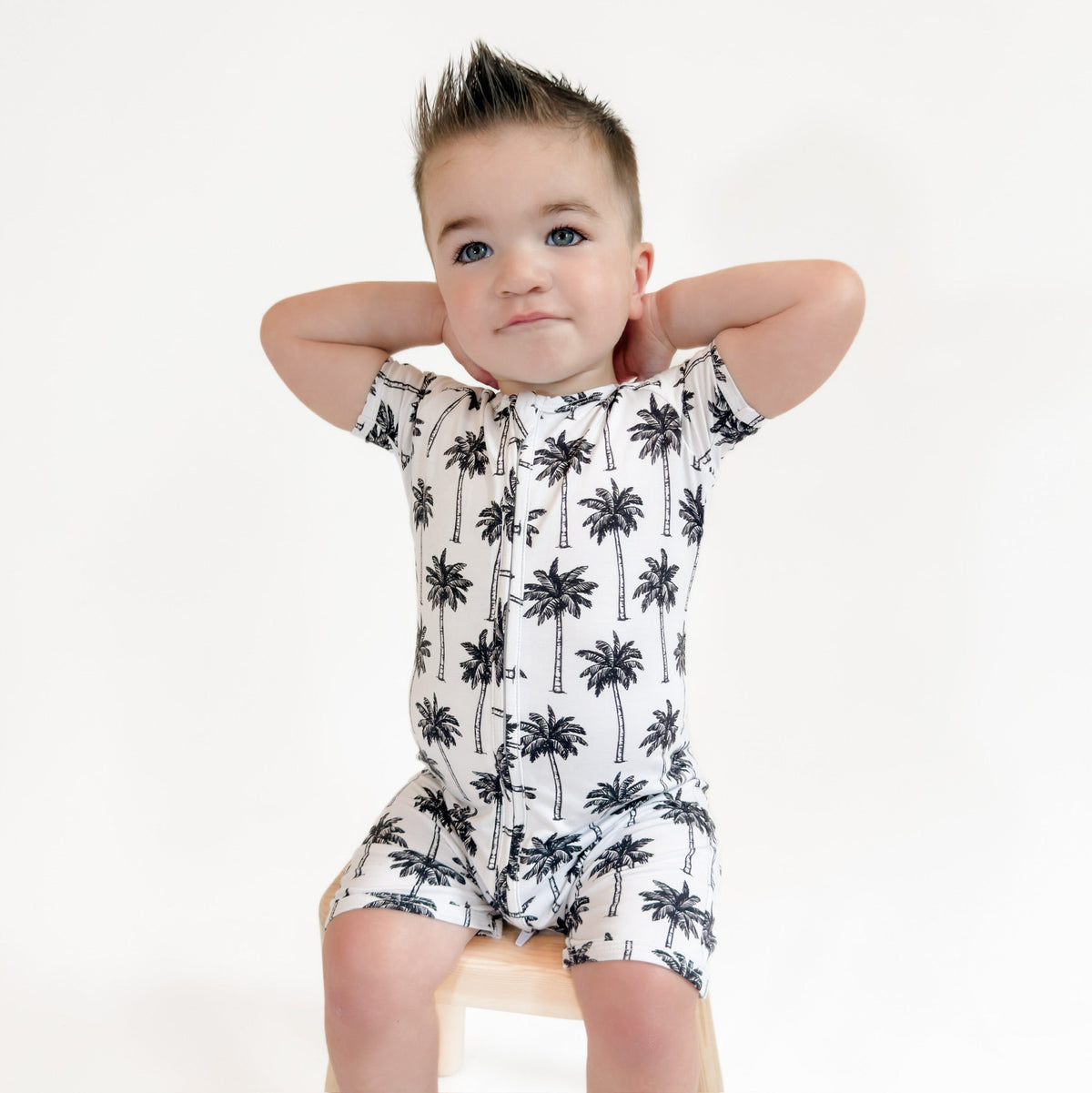 Bamboo Shorty Romper  | Palm Style White