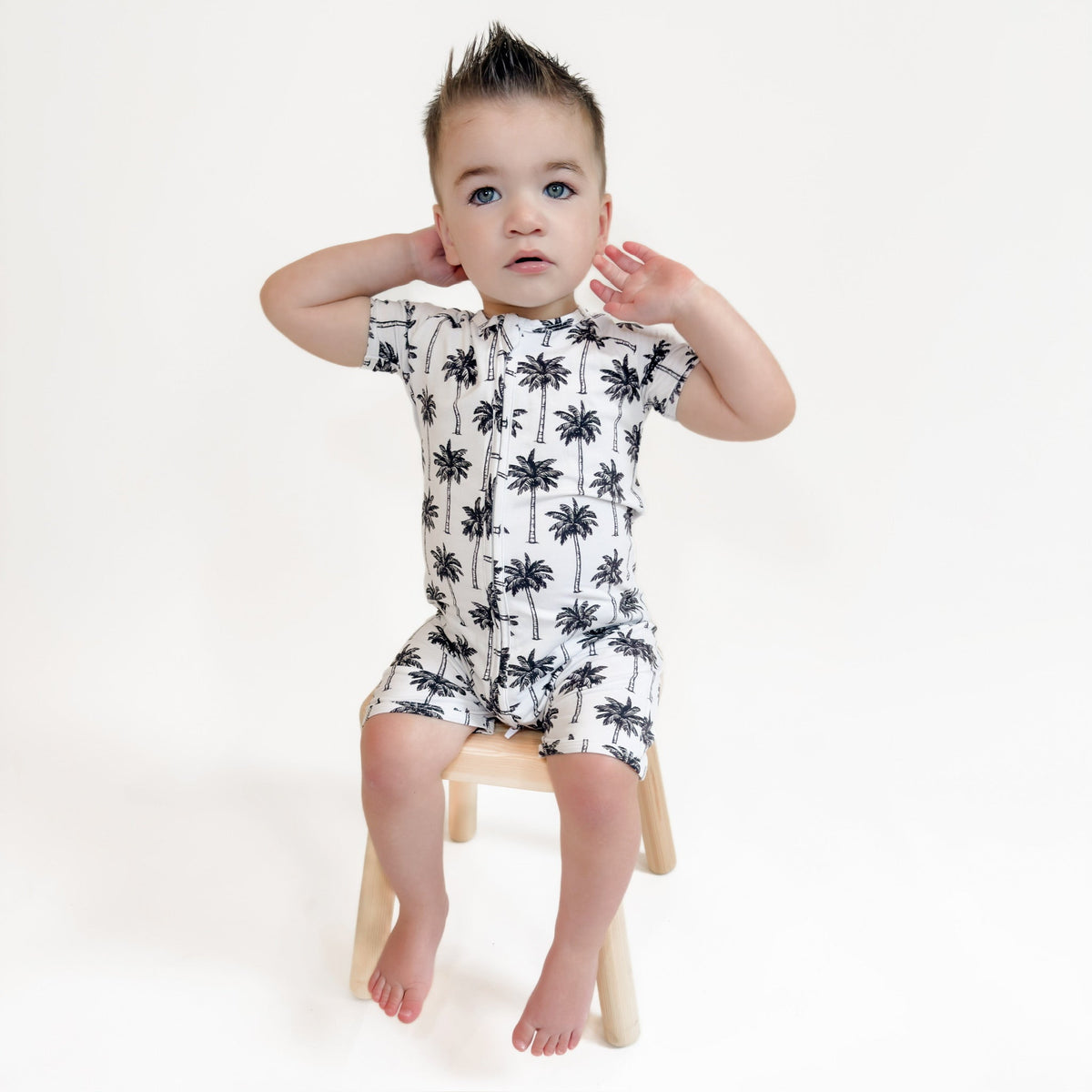 Bamboo Shorty Romper  | Palm Style White