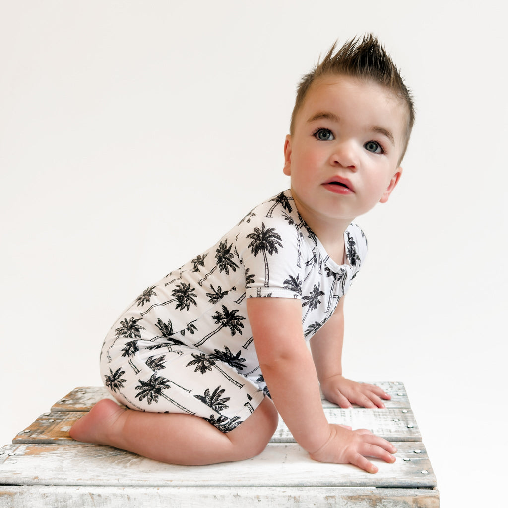 Bamboo Shorty Romper  | Palm Style White