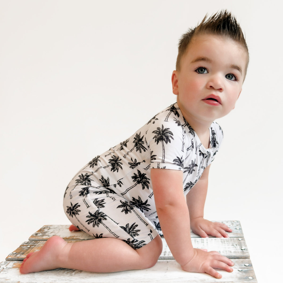 Bamboo Shorty Romper  | Palm Style White