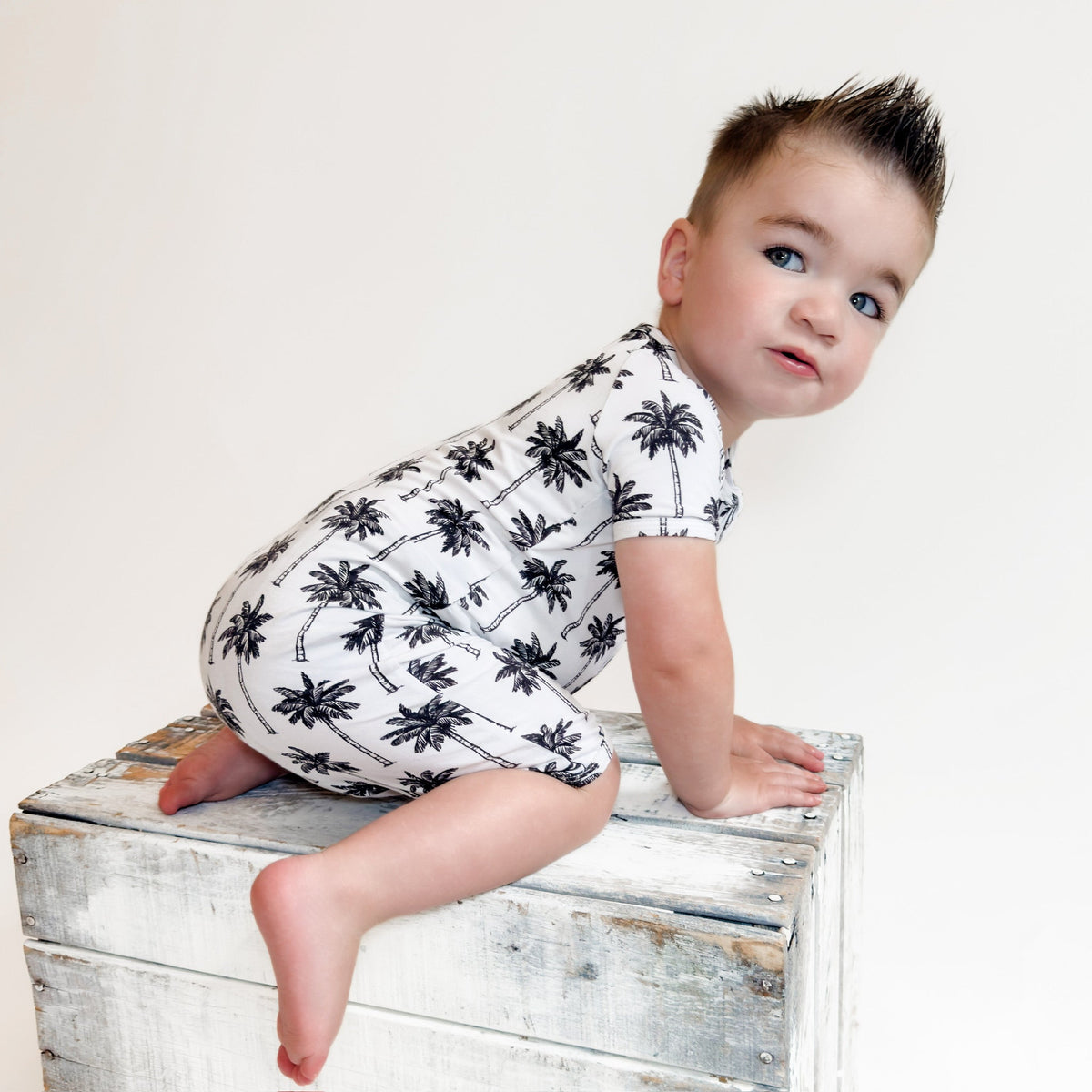 Bamboo Shorty Romper  | Palm Style White