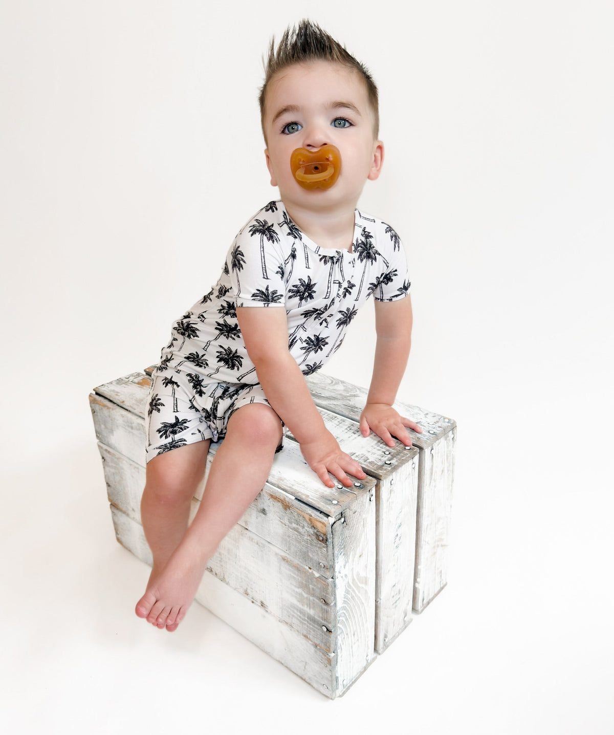 Bamboo Shorty Romper  | Palm Style White
